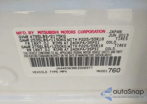 2014 Mitsubishi Outlander Se z USA, uszkodzony, nr VIN JA4AD3A38EZ008377